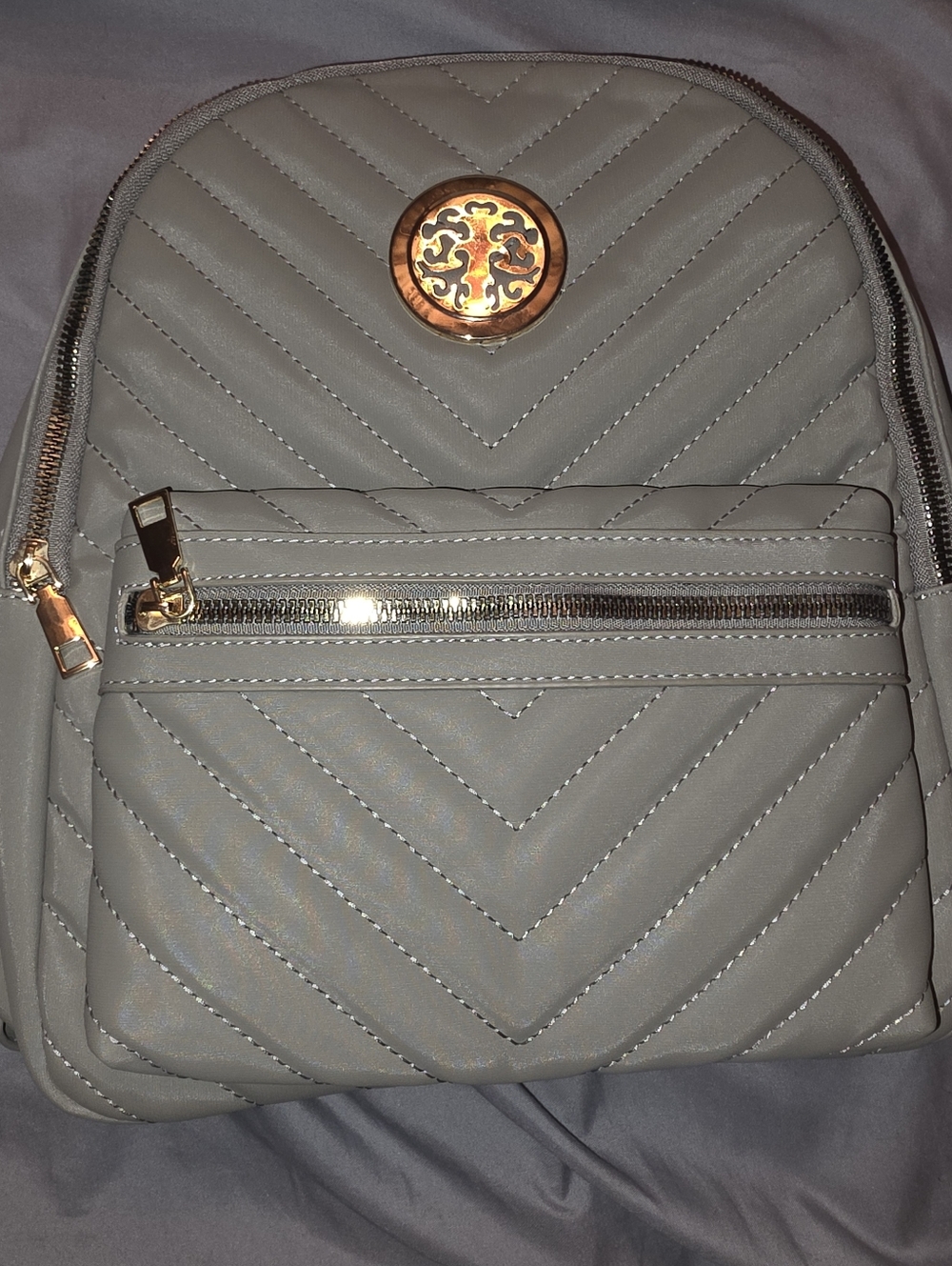 Quilted Gray Women's Backpack with Gold Accents